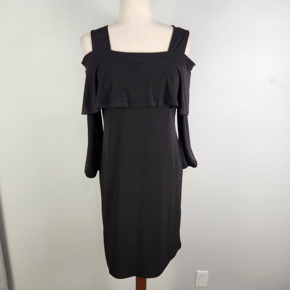 EUC Chico's Black Rosemary Cold‎ Shoulder Ruffle Dress Stretch Size 0/US 4 #713